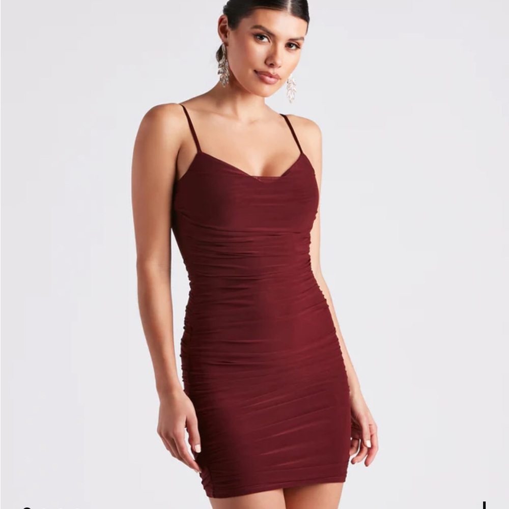 Windsor burgundy wine mini mech ruche dress